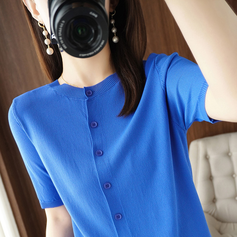 summer knitted silk cardigan with a round collar