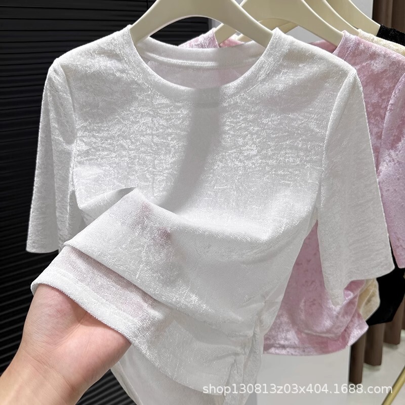 Knitted Mid-Sleeve Bottoming Shirt for Women 2025 Summer Suspender Skirt with Diamond Wool Thin Right Shoulder Short-Sleeved T-Shirt Top Knitted Mid-Sleeve Bottoming Shirt for Women 2025 Summer Suspender Skirt with Diamond Wool Thin Right Shoulder Short-Sleeved T-Shirt Top