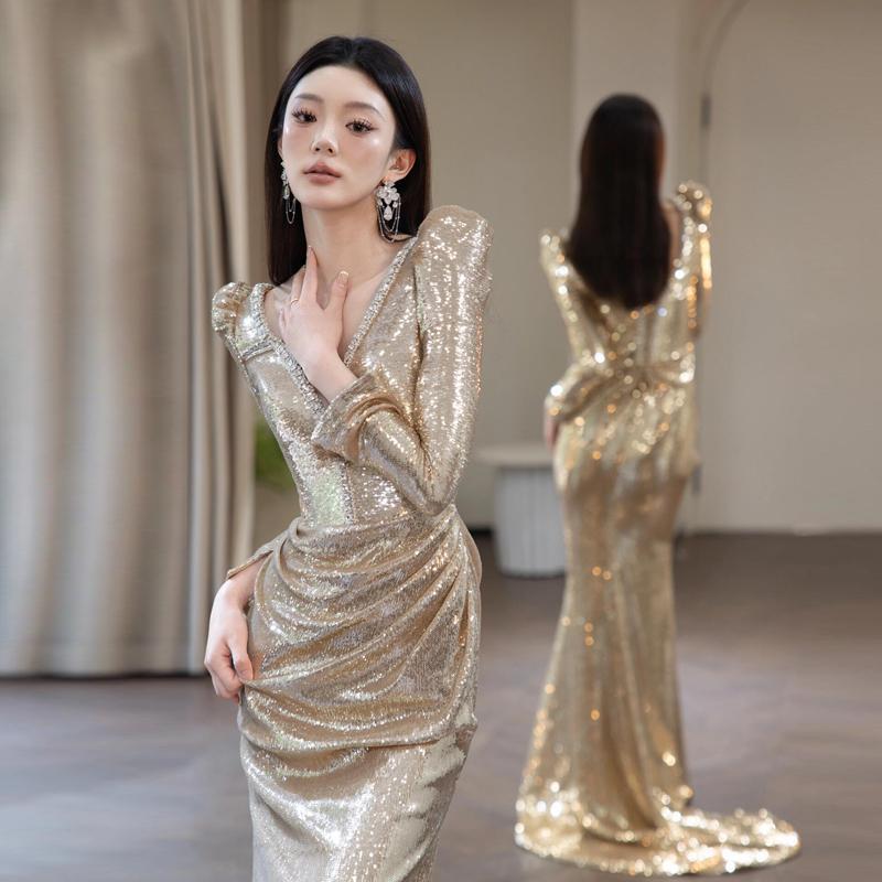 Evening Dress New Style Long-Sleeved Sequin Light Luxury Elegant Banquet Host High-End Niche Wedding Toast Dress for Women