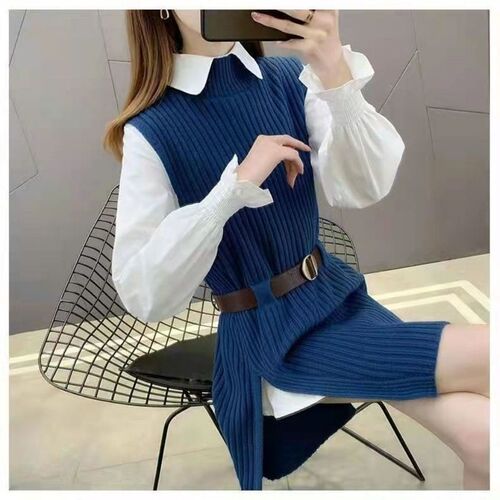 Women's Fashion Set: Knit V-neck Blouse and Pencil Cardigan Two-Piece Set with Belted Split Knit Cardigan and Bell Sleeve Blouse
