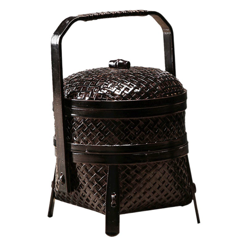 Корзина с плетеной ручкой ручной работы из бамбука Корзина для освежения Двухслойная многослойная корзина для хранения японского чая с крышкой Полая коробка для еды Корзина для лунного пирога