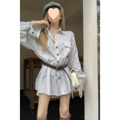 宽松韩版领衬衫连衣裙女秋季设计感长袖衬衣裙子收腰字短裙