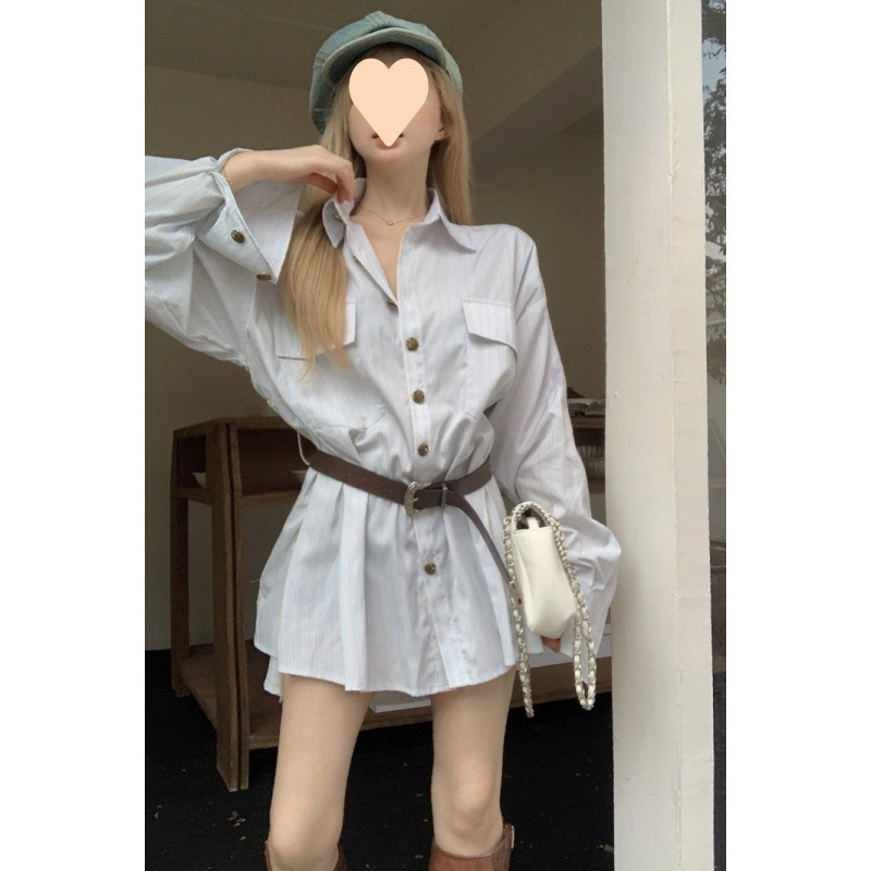 宽松韩版领衬衫连衣裙女秋季设计感长袖衬衣裙子收腰字短裙|undefined