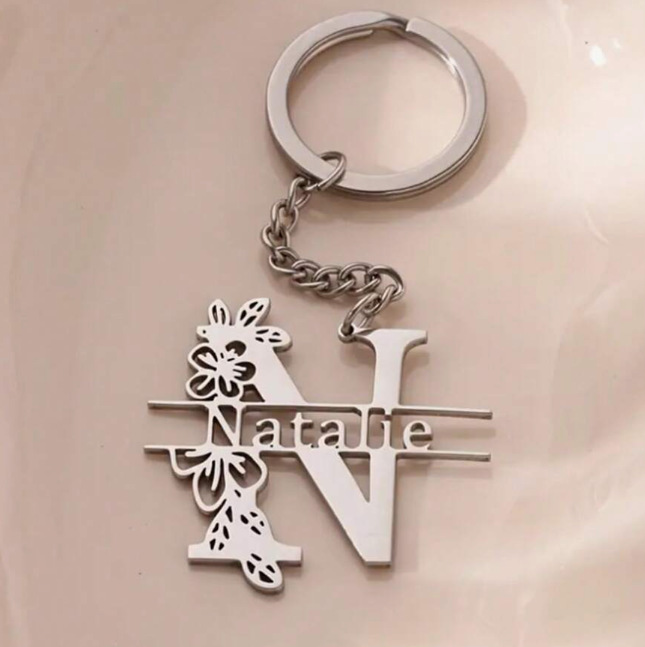 Custom Initials and Name Personalized Stainless Steel Keychain with Capital Initials Gift for Her