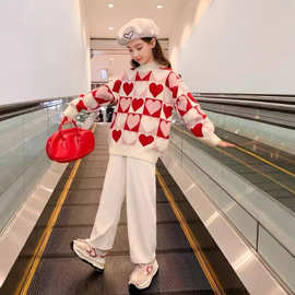 女童毛衣2024秋冬新款儿童女大童冬装洋气童装红色针织衫冬季上衣