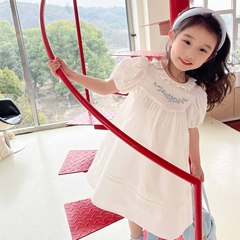 A new sweet round-neck floral lace pure white short-sleeved princess dress for girls, small children, drop shipping one piece.