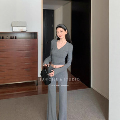 秋季套装两件套洋气辣妹V领上衣修身短款长袖T恤简约休闲裤半裙女