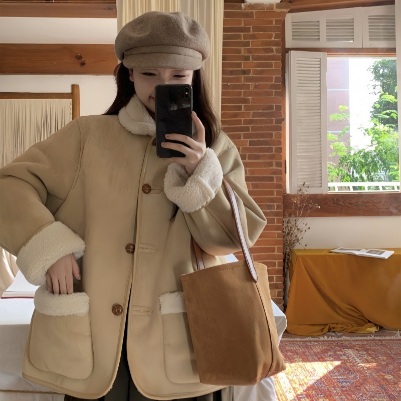 This year's popular suede shoulder wool coat women's 2024 winter plus size chubby girl lamb wool stitching cardigan cotton-padded jacket