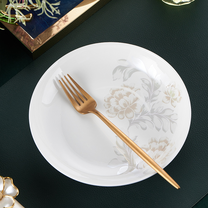 Tangshan Bone China Rice Bowl Rice Plate Tableware Set Bone China Bowls and Plates Household Cold Dish Plate Rice Bowl Ceramic Dinner Plate