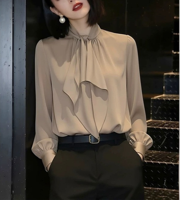 Light Luxury and Elegant Style Ribbon Shirt for Women, Spring 2026 New Model, Stylish Long-Sleeve Khaki Design Workwear Top