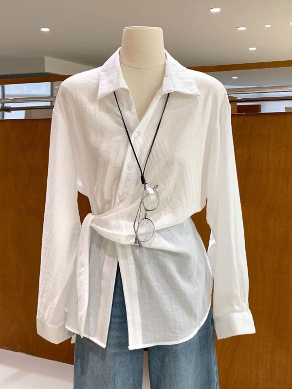 Designed Lapel Linen Shirt for Women, Summer Thin Style with Elegant Tie Design, Waist-Cinching Cotton-Linen Blouse for Commuting