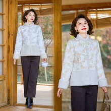 中年妈妈冬装仿皮草外套立领新中式中老年女装上衣服加绒保暖