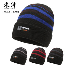 冬天保暖毛线帽中老年男户外加绒防风针织帽SPORT休闲彩条套头帽