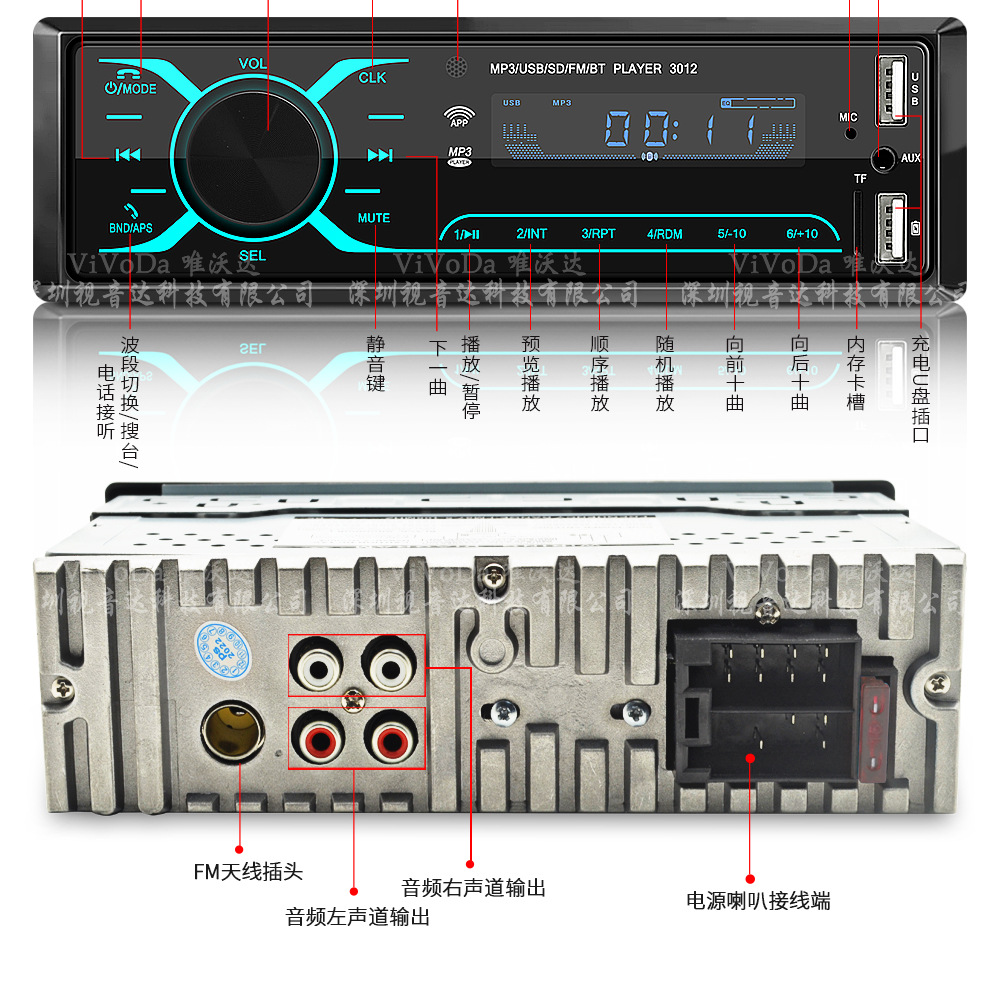 12v Universal car HD capacitive touch screen Bluetooth host dual USB charging support U disk TF card playback