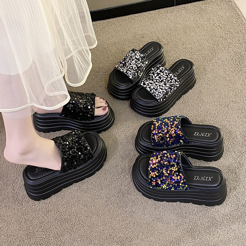 Platform Heel Thick Slippers Women's Outer Wear Popular Round Head New Summer Fashionable Sequin High Heel Sandals for Women