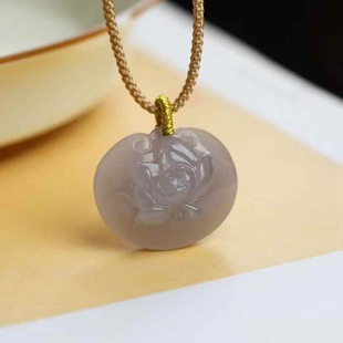 Natural Xinjiang Hetian Jade Jade Supply Chain Qinghai Material Old Material Smoke Purple Jade Lotus Lock Pendant with Certificate