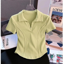 不规则弧形下摆短袖恤女夏季2025新款翻领修身短款鱼骨上衣