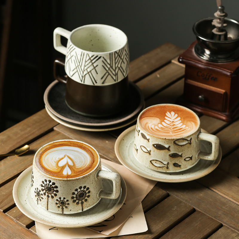 Japanese-style retro stoneware coffee cup and saucer suit creative high-end exquisite household ins style milk breakfast cup simple