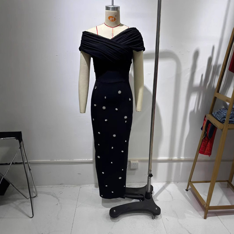 Women's Solid Color Bandage dress Shoulder Sexy Slim Slit Suitable for Party Black Elegant Formal Ball