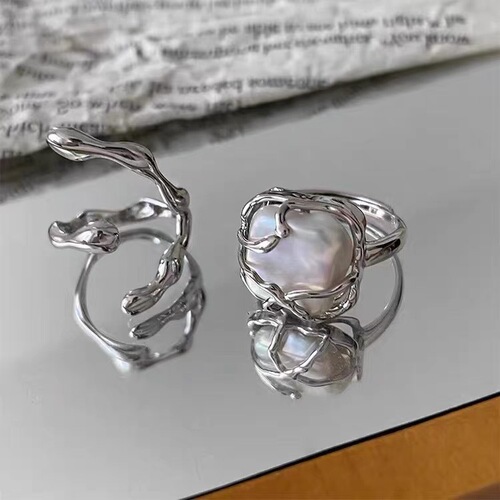 Moonlight Forest! Irregular Metal Freshwater Pearl Open Ring for Women, INS Style, Cool Style Ring with Texture