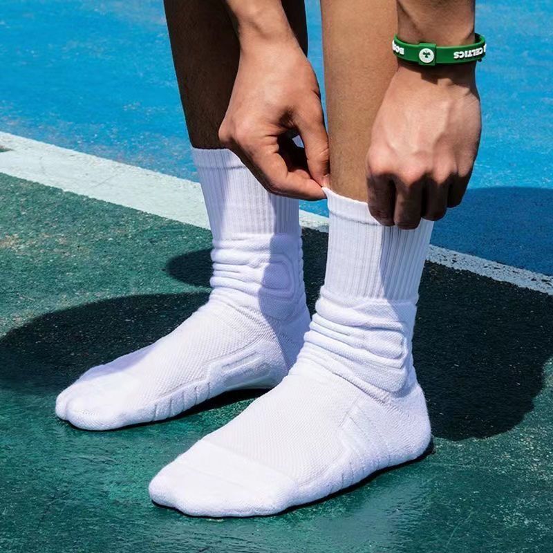 Practical American-Style Basketball Socks for Men, Spring and Summer, Mid-High Tube, Thickened Towel Bottom, Non-Slip, Wear-Resistant Sports Socks, White Socks, Anti-Odor