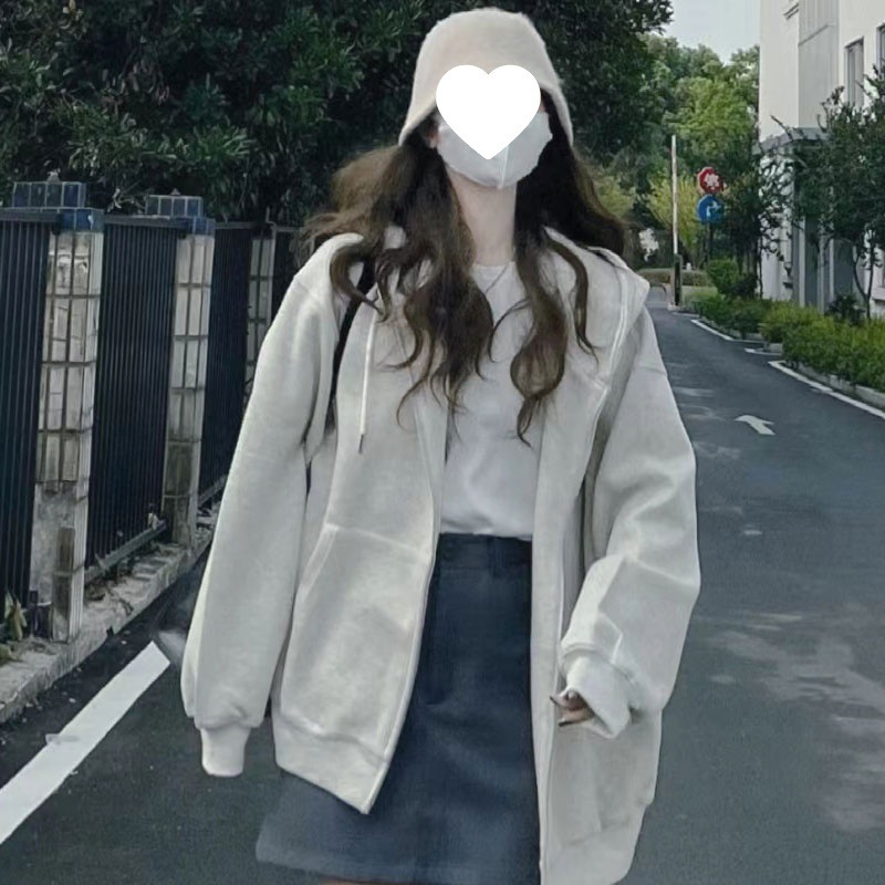连帽卫衣女秋冬oversize加绒加厚拉链开衫外套宽松慵懒chic风上衣|undefined