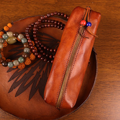 2024 New First-Class Leather Pen Bag Large Capacity Storage Bag Genuine Leather Eye Glasses Case Hand Polished Retro Zipper Pen Holder