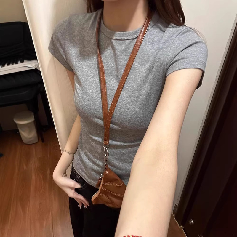 Gray round-neck, regular-shoulder, short-sleeved summer slim-fit long-sleeved American-style hot girl basic versatile T-shirt