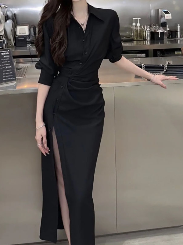 秋季新品法式高级感翻领单排扣衬衫连衣裙女气质|undefined