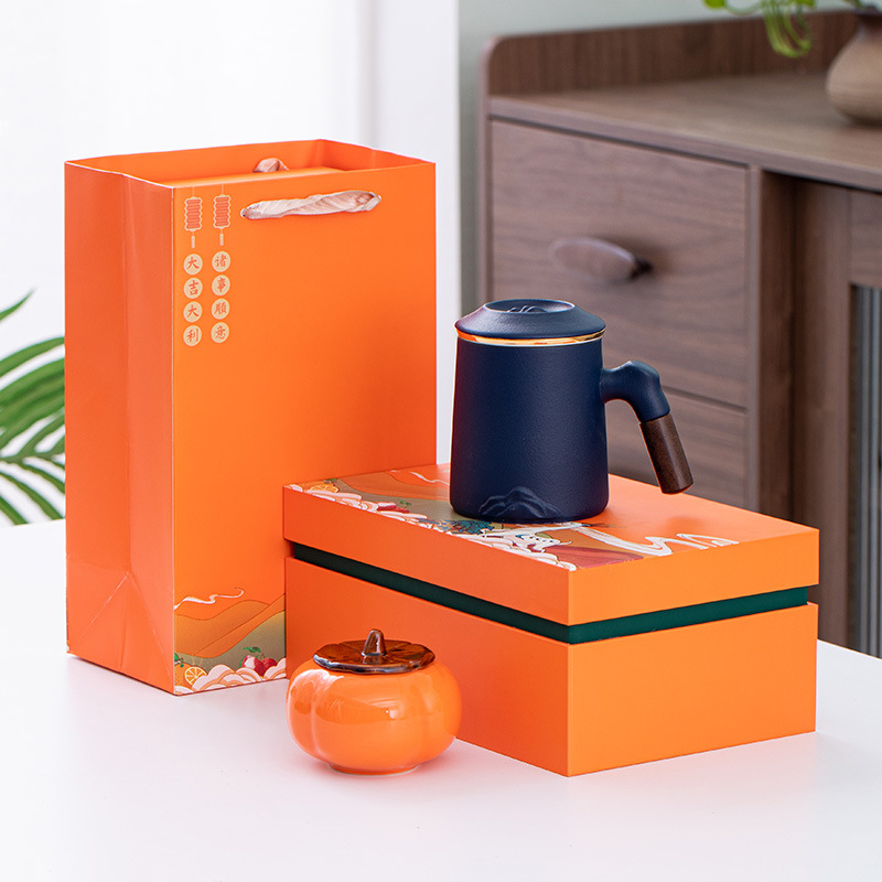 푸른 먼 산 물 컵 + 감 찻주전자