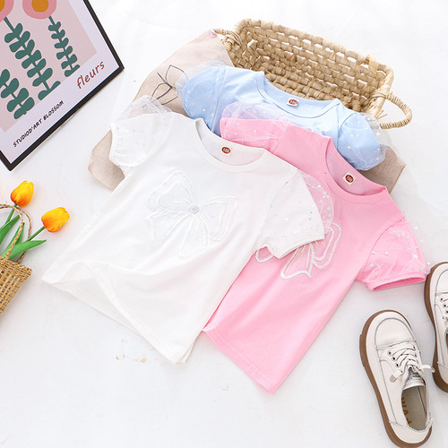 Children's Summer 2024 New Princess Bubble Sleeve Butterfly Knot Sparkling Short Sleeve T-Shirt for Girls