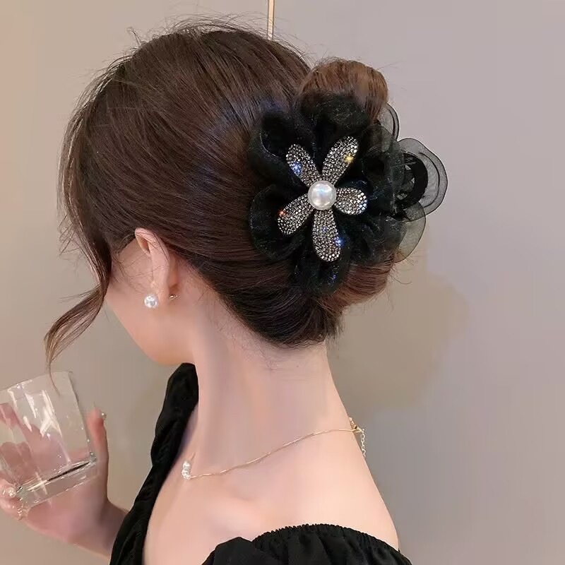 Satín de alta sensación, arco negro grande, clip de tiburón, toque de cabeza, clip de nube, clip de agarre, clip de cabello, tarjeta de cabello de mujer