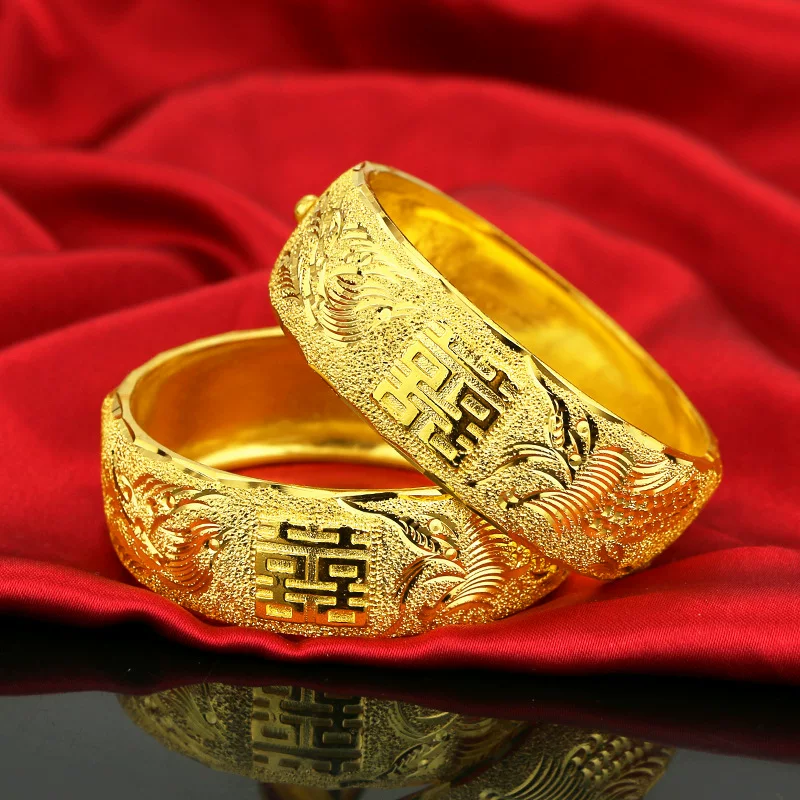 Classic women's bracelet for bride, gold bracelet, dragon and phoenix, 24 carat
