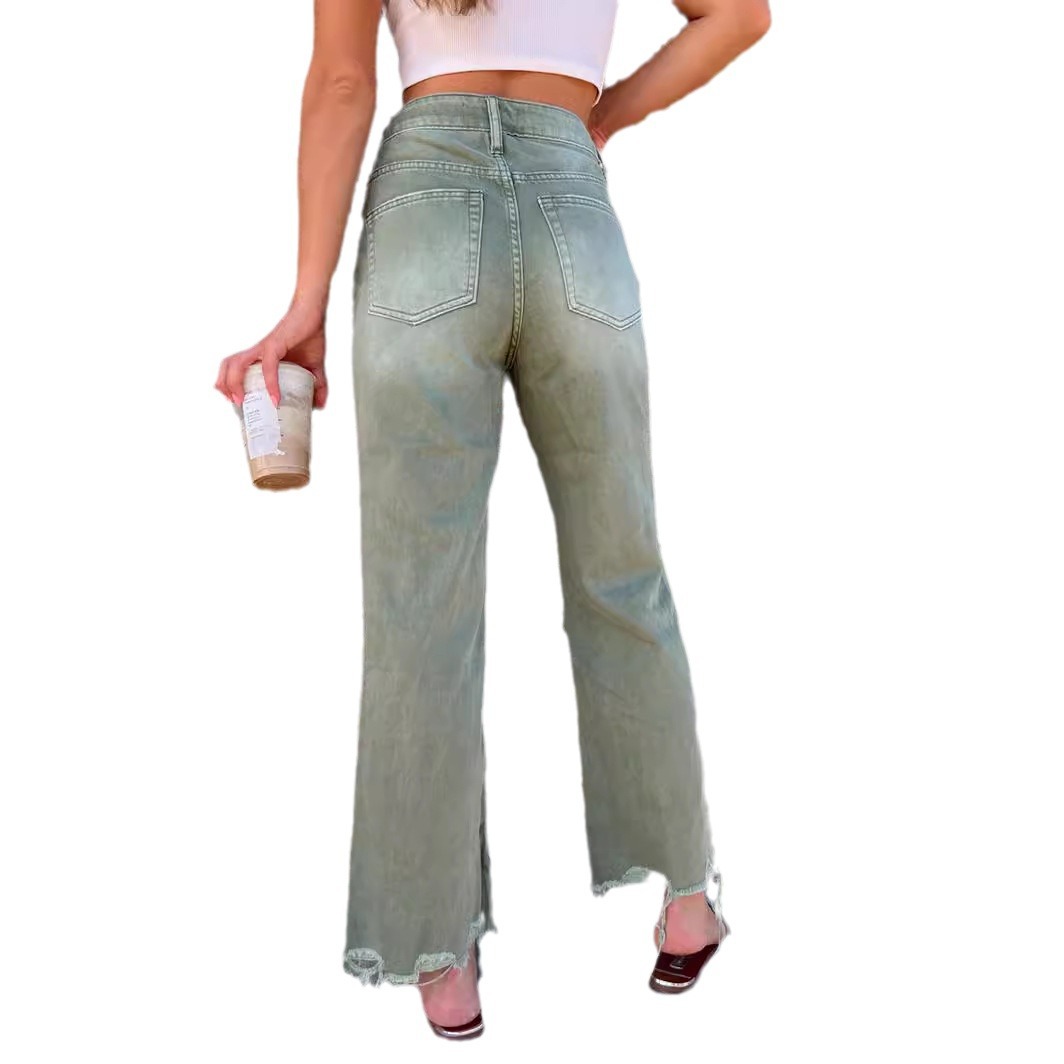 Jeans Anchos con Roturas para Mujer de Mezclilla de Algodón Corte Holgado Tiro Alto para Uso Diario