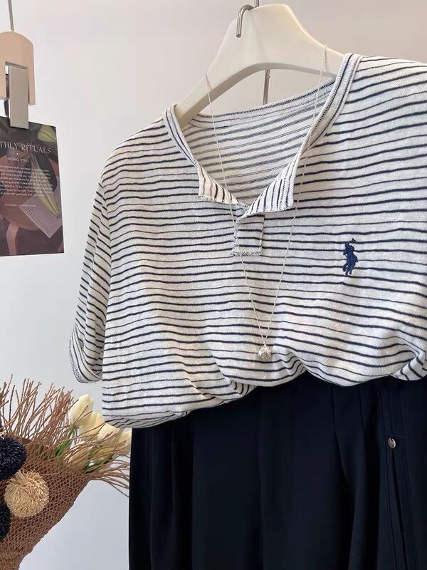 特大サイズ 120kg ポニー刺繍ハーフボタンポロシャツ半袖 Tシャツレディース夏万能ルーズ V ネックトップ|undefined