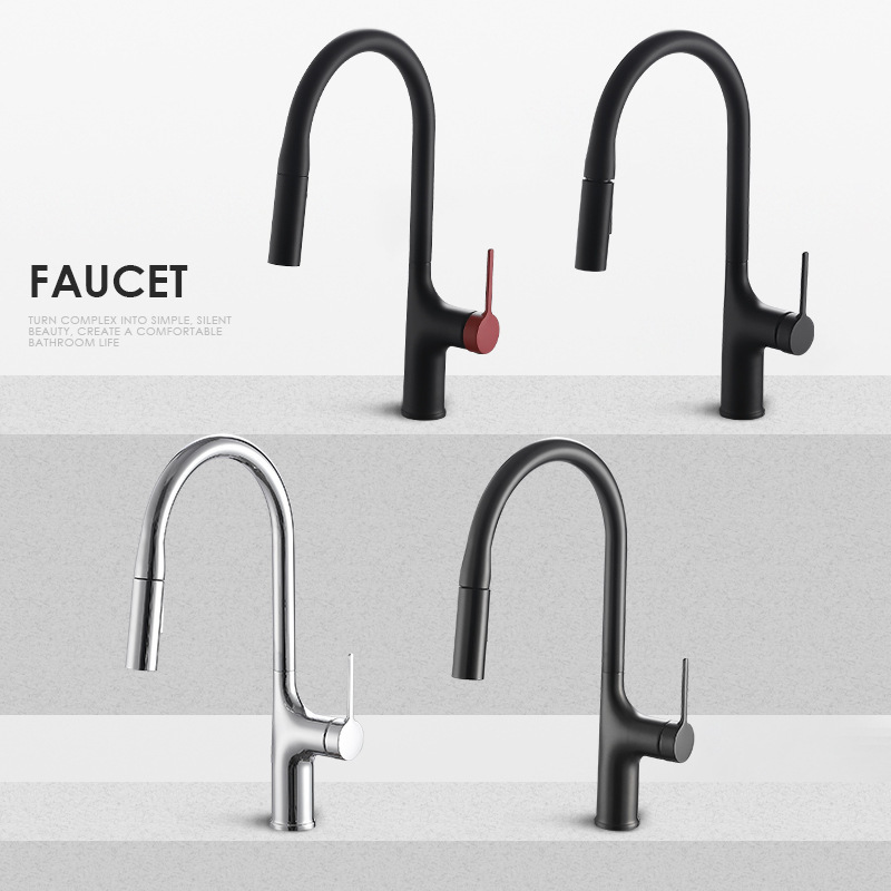 German all-copper kitchen faucet retractable rotating multi-stage water outlet mode black sink vegetable basin faucet German all-copper kitchen faucet retractable rotating multi-stage water outlet mode black sink vegetable basin faucet