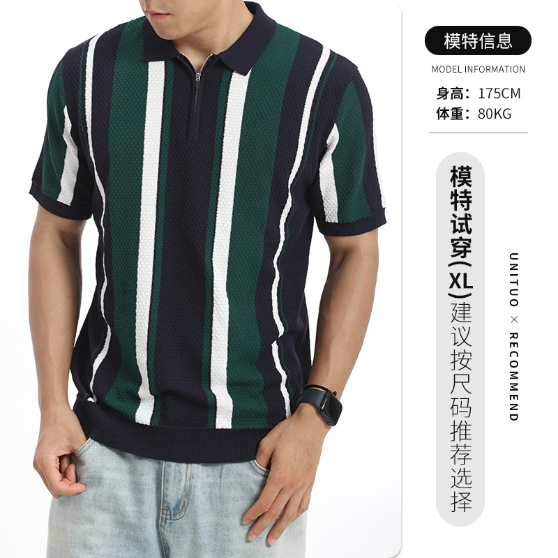 Europa y Estados Unidos transfronterizos hombres rayas hielo tejido polo medio cremallera solapa manga corta ligera camiseta casual de negocios madura