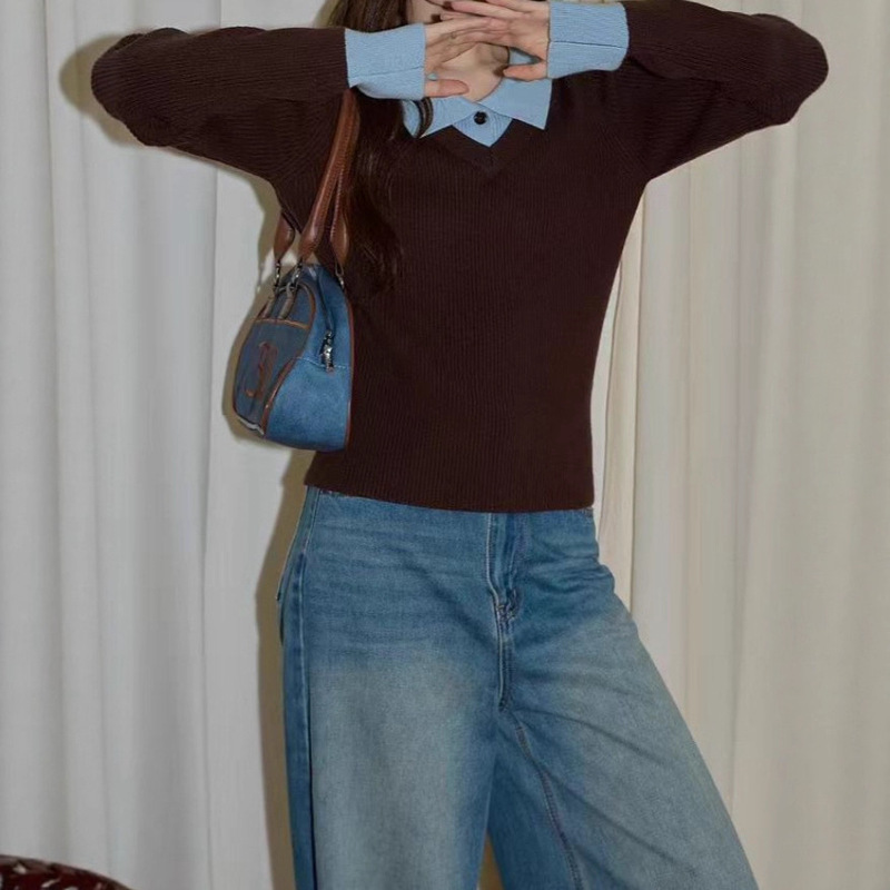 Autumn and Winter Brown Right Shoulder Slim Fit Pullover Knitwear Niche Women's Polo Collar Bottoming Knitwear Long-Sleeved Top