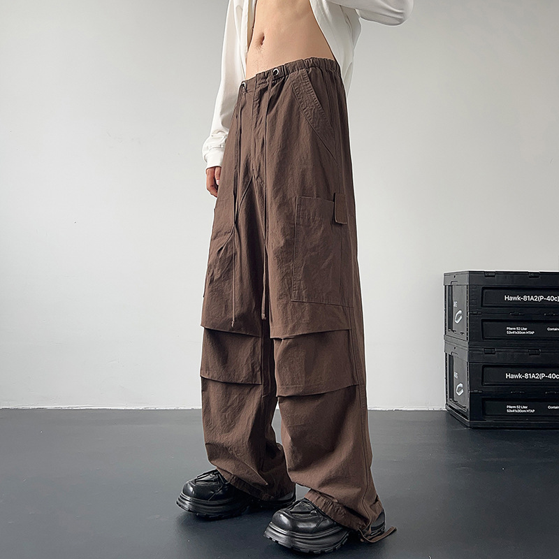 American retro pleated solid color multi-pocket overalls for men and women loose paratrooper pants a generation of hair