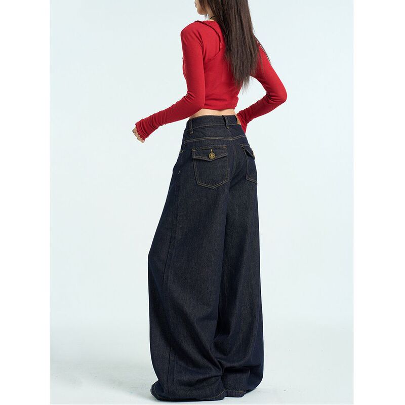 dark blue Wide Leg Jeans Women's 2024 New Autumn and Winter Low Waist American Style Retro Loose Mopping Cushion Pants