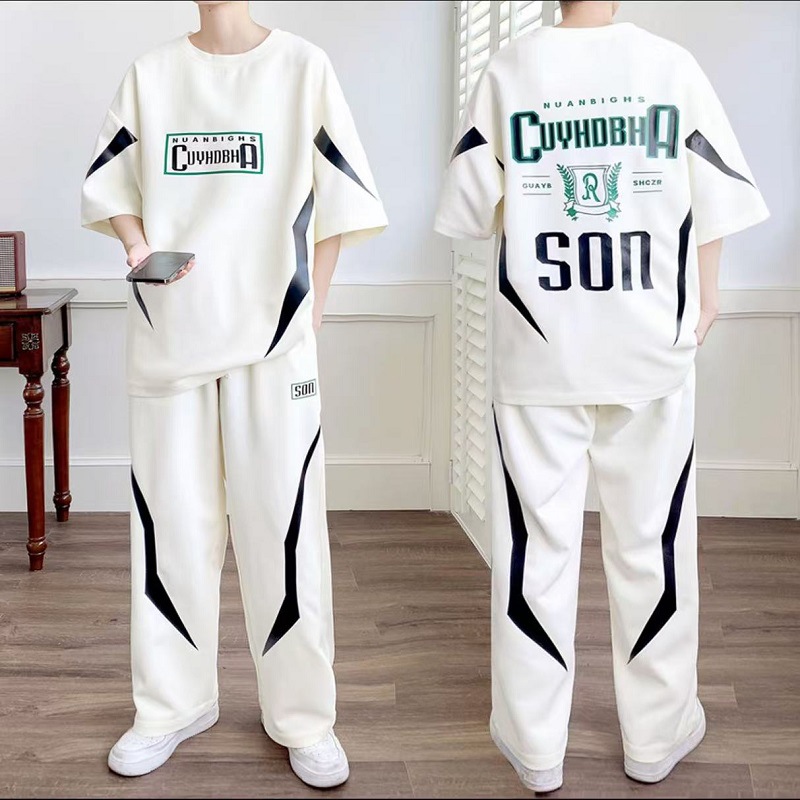 Men's Summer Casual Sports Suit Short Sleeved Trendy Fashion For Teenagers High School Students Cool Stylish Long Pants_viptrois.com
