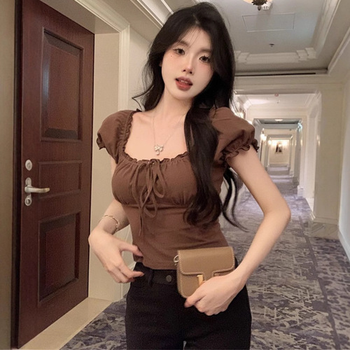 French sexy spicy girl style bubble sleeve short sleeve T-shirt women summer pure desire revealing collarbone slimming short top women's T fashion
