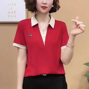 New summer middle-aged women's lapel color rhinestone swan short sleeve solid color three-button fashion temperament mother T-shirt