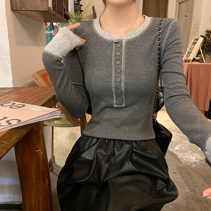 实拍2*2螺纹260G长袖t恤女2025早春新款修身撞色打底衫圆领上衣|undefined