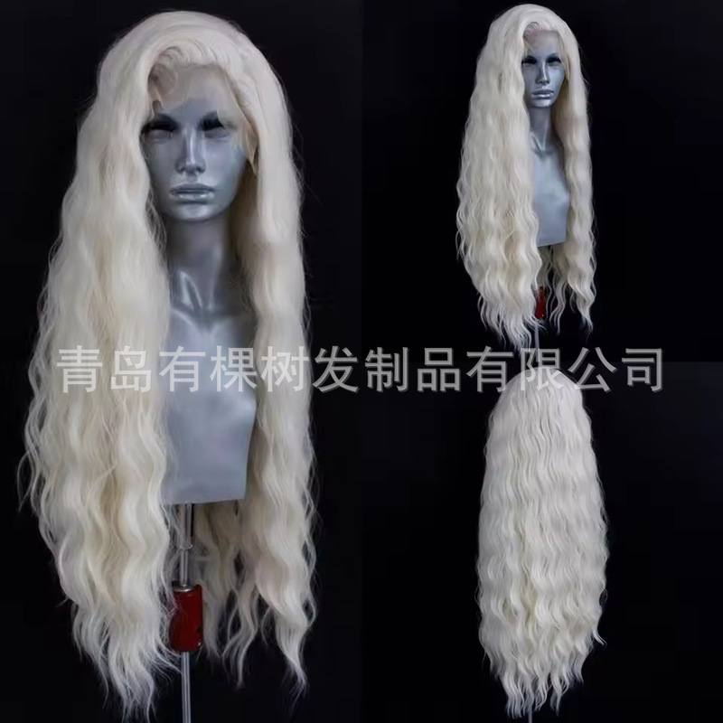 White gold wig, long hair for women, natural full headpiece, European and American style, cosplay long curly wig, wool curls, hand-tied lace wig White gold wig, long hair for women, natural full headpiece, European and American style, cosplay long curly wig, wool curls, hand-tied lace wig
