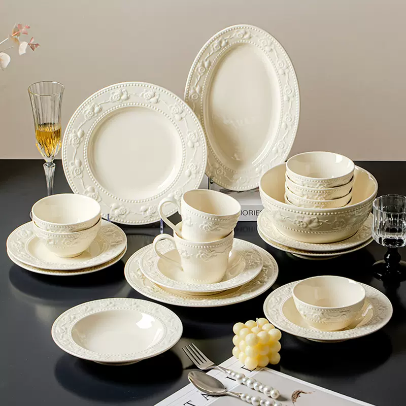 碗碟餐具套装浮雕盘子景德镇陶瓷饭碗菜盘宫廷风高级感法式酒店家