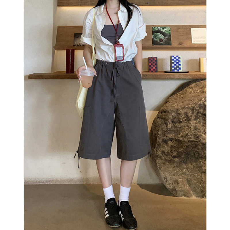 Summer Pure Cotton Workwear Short Loose Wide-Leg American Ins Trendy Brand Heavy Yarn Washed Drawstring Casual Cropped Pants for Women