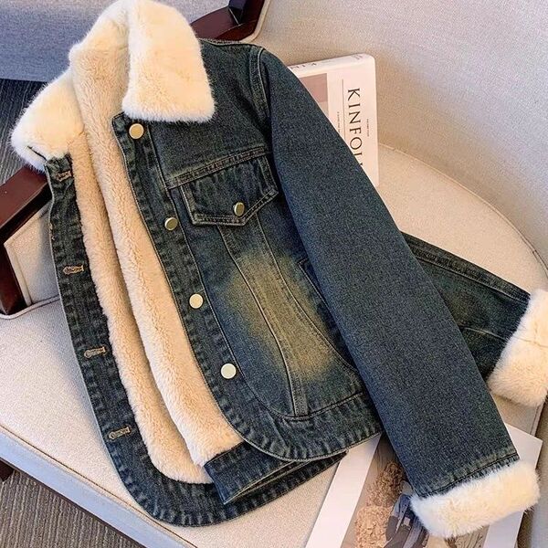 Short denim demi-season warm jacket