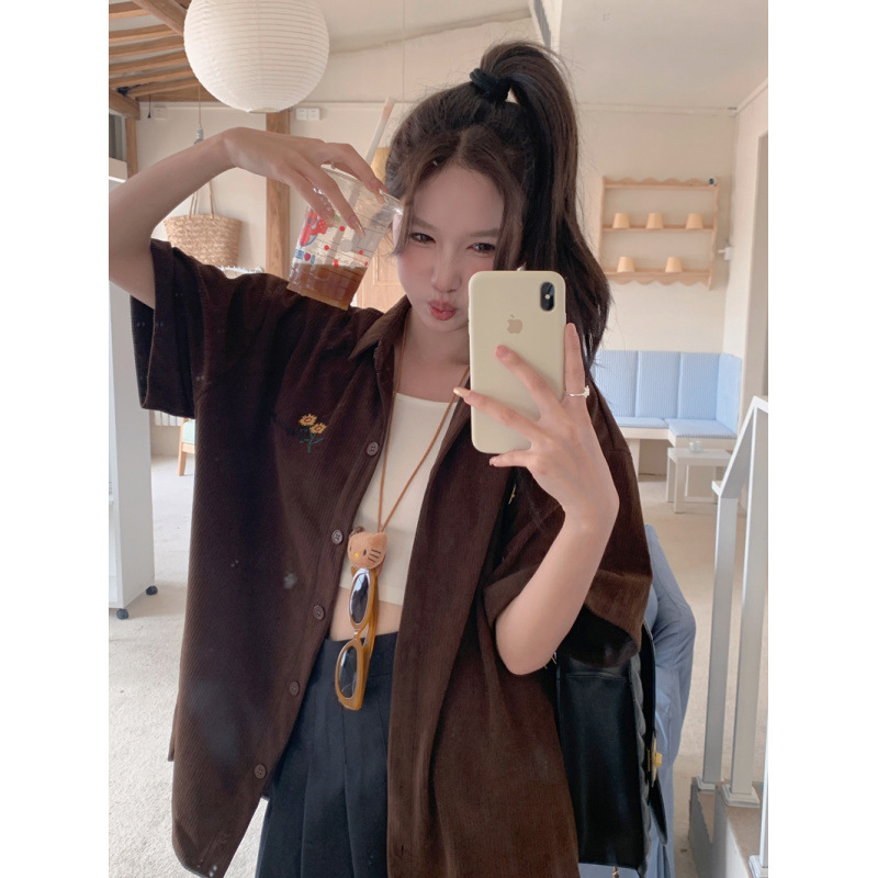 American Retro Small Floral Embroidered Corduroy Shirt for Women 2026 Summer Versatile Loose Short-Sleeved Polo Collar Top
