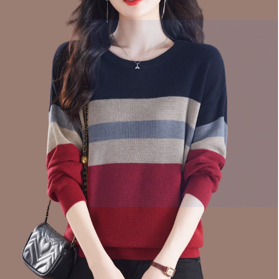 Clearance Sale~ Foreign Trade Women's Cashmere Sweater Round Neck Sweater Autumn Winter Stylish Striped Color Block Loose Knit Top